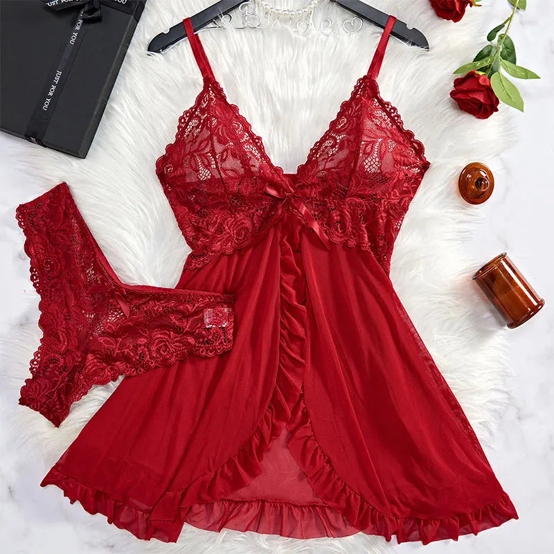 Sexy Sleepwear For Sleeping Night Dress Women Lingะตrie Sets Deep V Slip Nightgowns And Panties Lace Ruffle Trim Underwear Pajama.