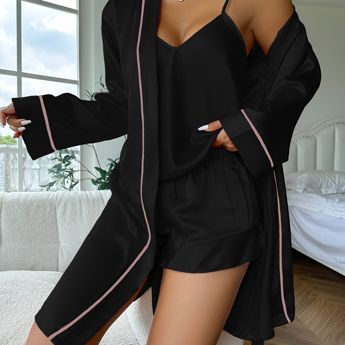 Luxurious Satin Pajama Set - Cozy Long Sleeve Robe with Belt, V-Neck Cami Top & Shorts - Womens Effortless Sleepwear and Lounging Elegance.
