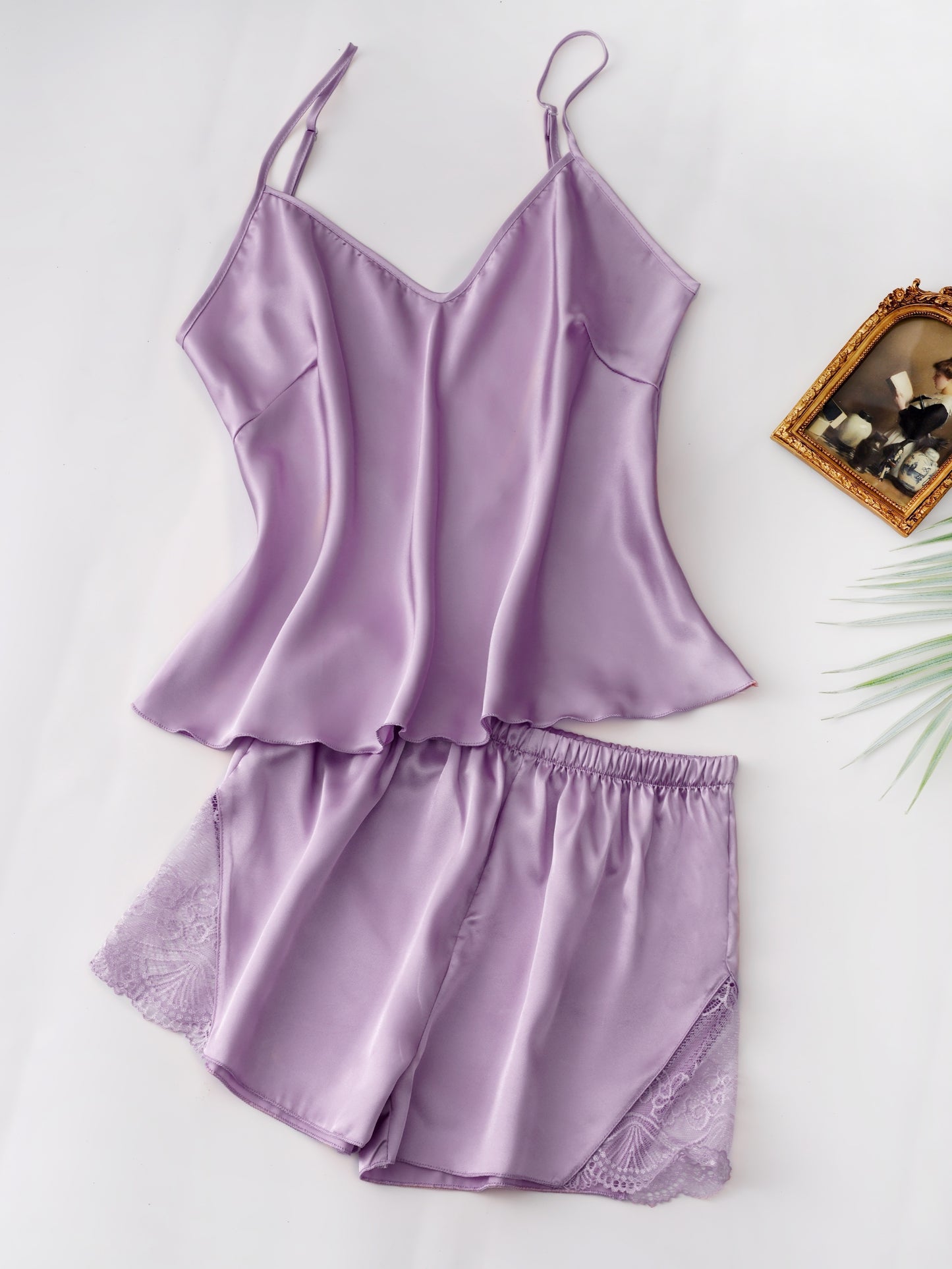 Contrast Lace Pajama Set, V Neck Backless Cami Top & Elastic Waistband Shorts, Women's Sleepwear & Loungewear.