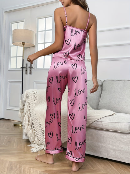 Cozy Letter Print Pajama Set - Soft V Neck Cami Top, Elastic Waistband Pants, Comfortable Women's Sleepwear & Loungewear for Relaxation.