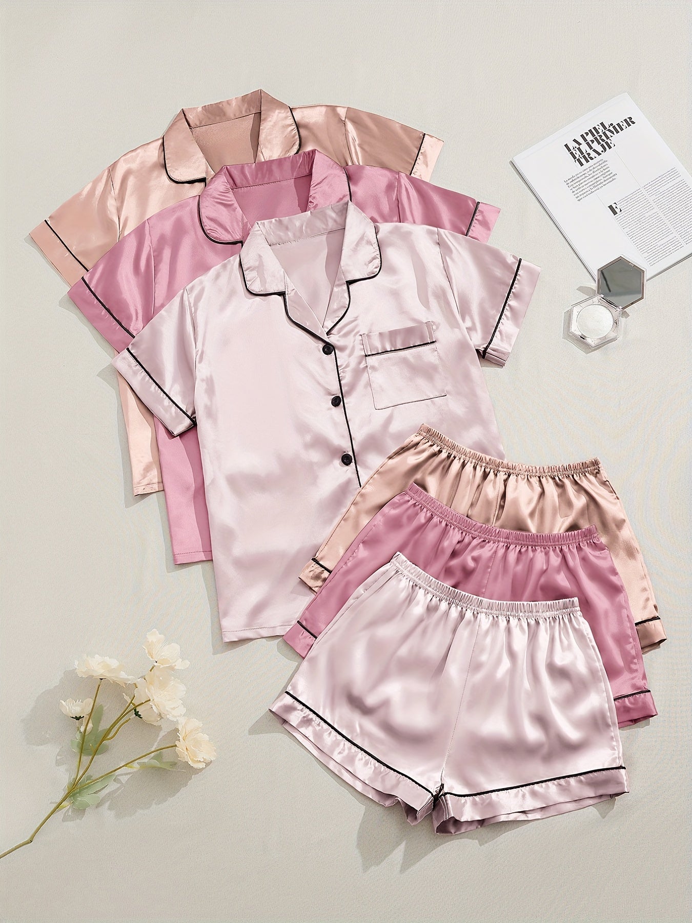 HRZN 3 Sets Satin Pajama Set, Short Sleeve Lapel Top & Elastic Waistband Shorts.