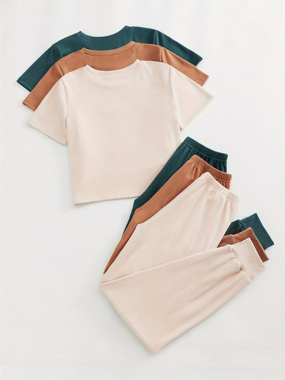 3 Sets Simple Solid Lounge Set, Crew Neck Short Sleeve Top & Lace Up Pants, Women's Loungewear & Sleepwear.