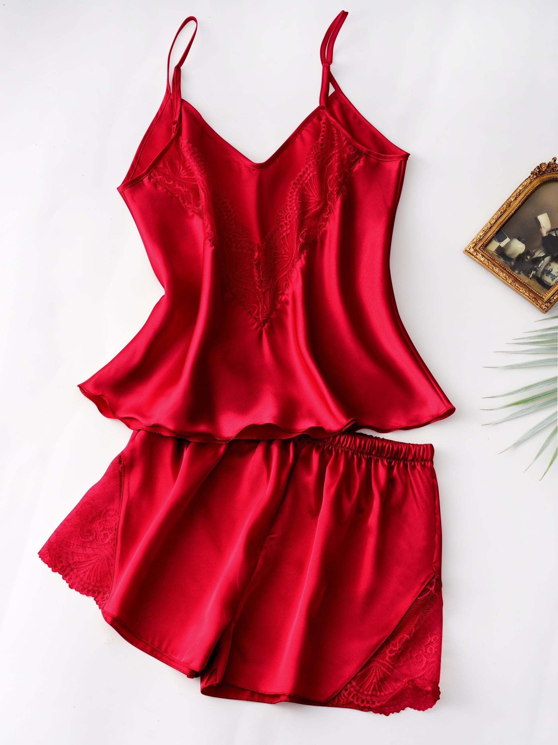 Contrast Lace Pajama Set, V Neck Backless Cami Top & Elastic Waistband Shorts, Women's Sleepwear & Loungewear.