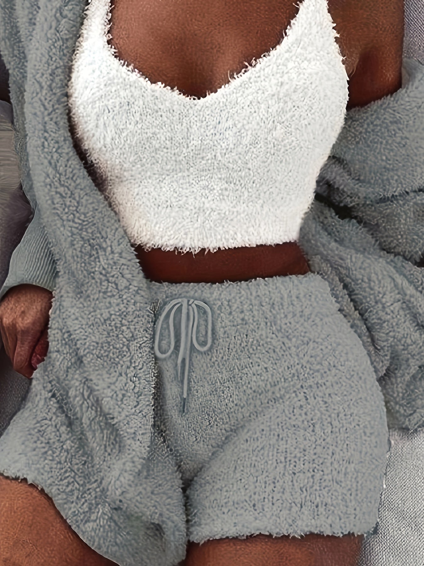 Warm Fuzzy Pajama Set, Long Sleeve Hooded Robe & Tank Top & Drawstring Shorts, Women's Sleepwear & Loungewear.