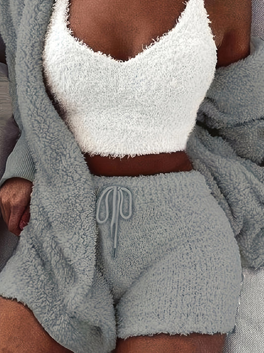 Warm Fuzzy Pajama Set, Long Sleeve Hooded Robe & Tank Top & Drawstring Shorts, Women's Sleepwear & Loungewear.
