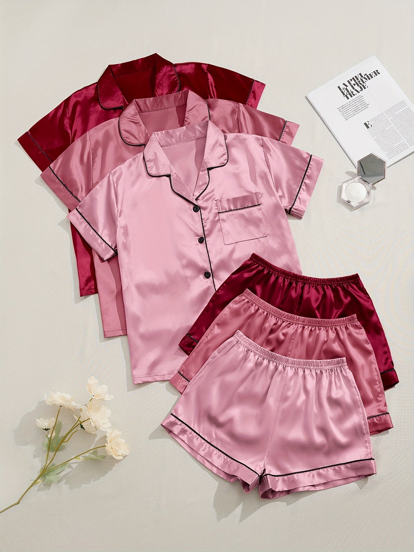 HRZN 3 Sets Satin Pajama Set, Short Sleeve Lapel Top & Elastic Waistband Shorts.