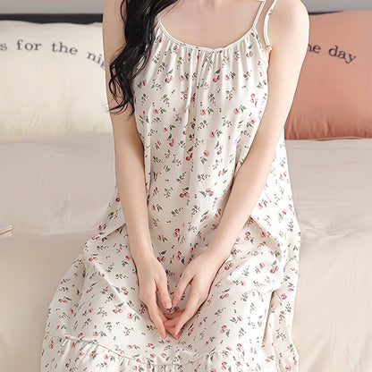 Romantic Floral Print Nightdress - Soft & Sweet Lace-Up Ruffle Slip Dress for Women - Comfortable Sleepwear, Nighttime Elegance.