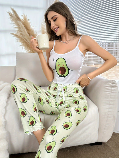 Women's Scoop Neck Graphic Print Lounge Set, Lettuce Trim Cami Top & Pants, Loungewear & Sleepwear.