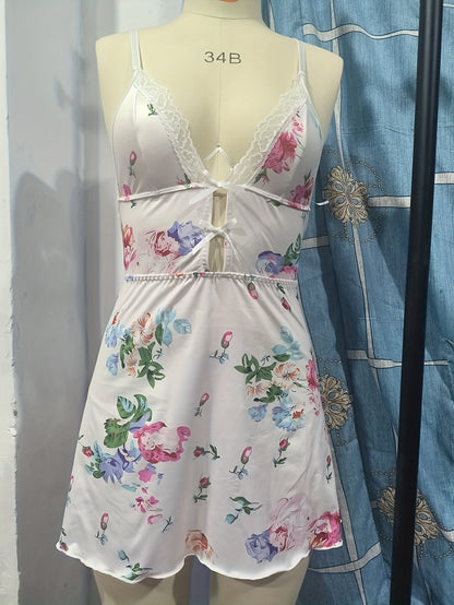 HRZN Sensual Women's Floral Print Slip Nightdress, Sexy Deep V Hollow Out Lace Trim Sleep Dress.
