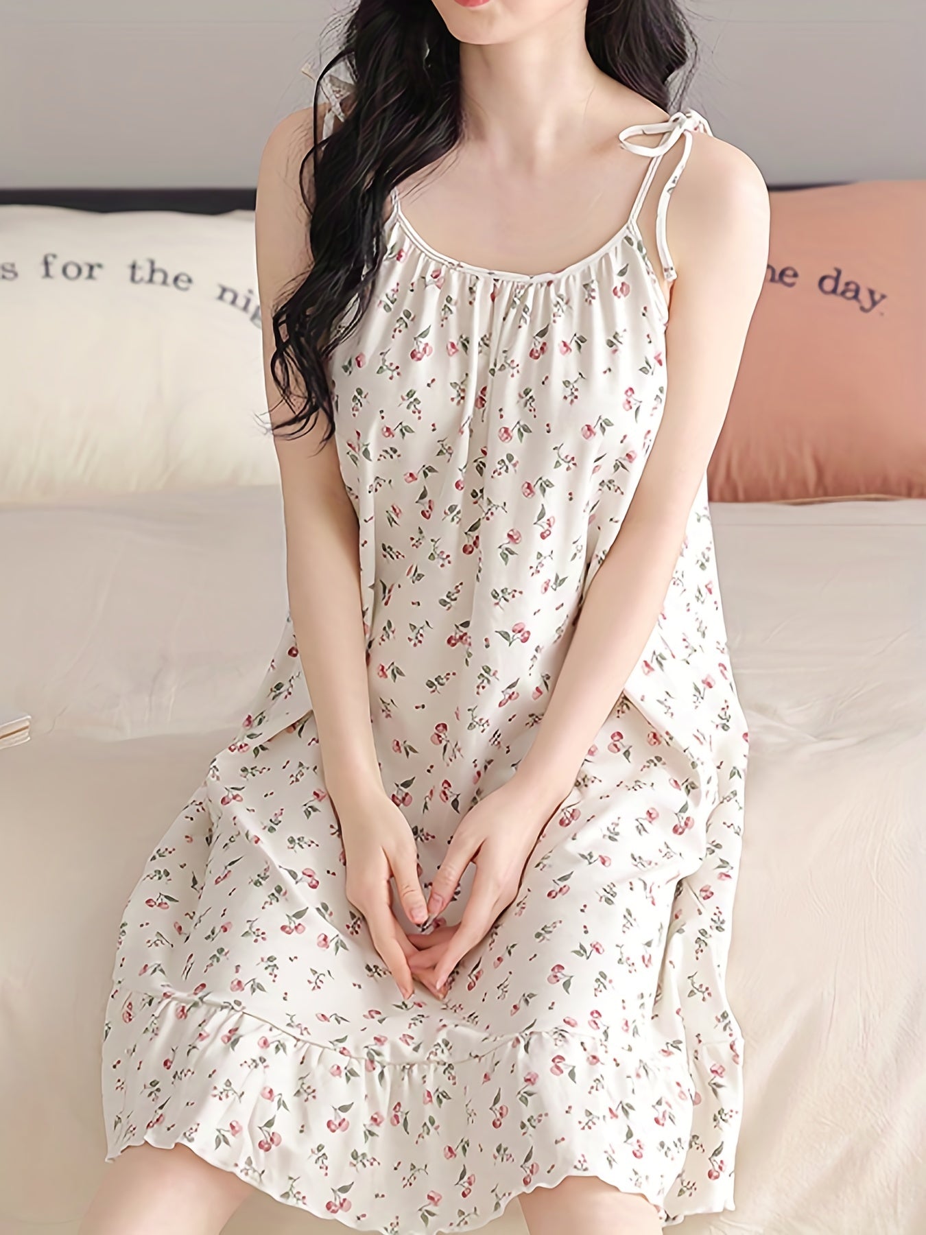 Romantic Floral Print Nightdress - Soft & Sweet Lace-Up Ruffle Slip Dress for Women - Comfortable Sleepwear, Nighttime Elegance.