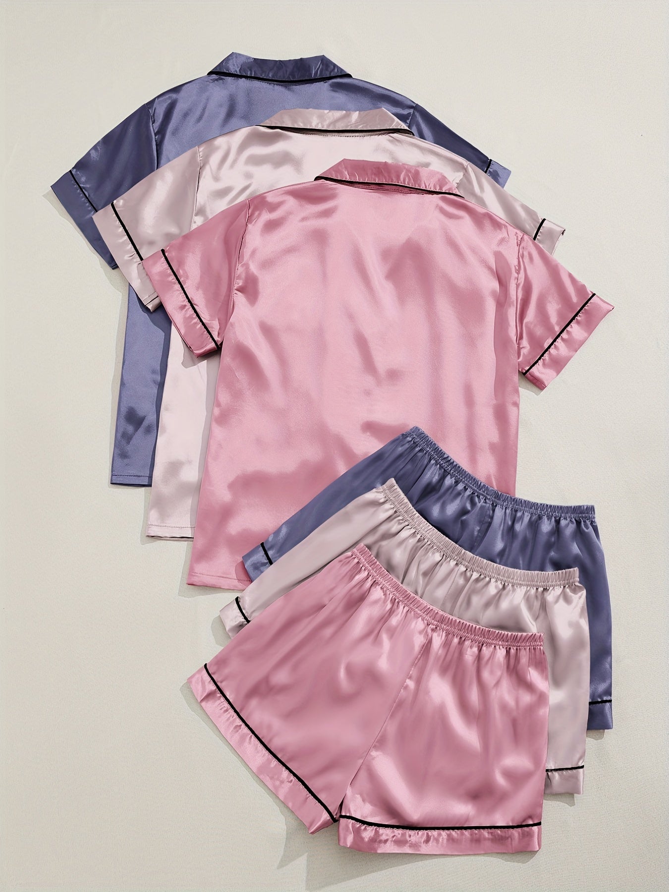HRZN 3 Sets Satin Pajama Set, Short Sleeve Lapel Top & Elastic Waistband Shorts.