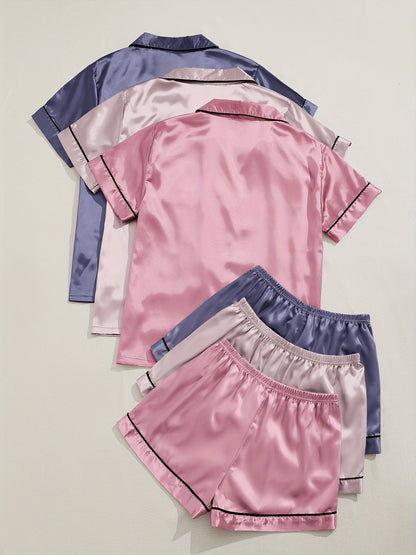 HRZN 3 Sets Satin Pajama Set, Short Sleeve Lapel Top & Elastic Waistband Shorts.