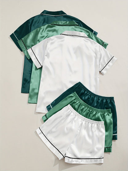 HRZN 3 Sets Satin Pajama Set, Short Sleeve Lapel Top & Elastic Waistband Shorts.
