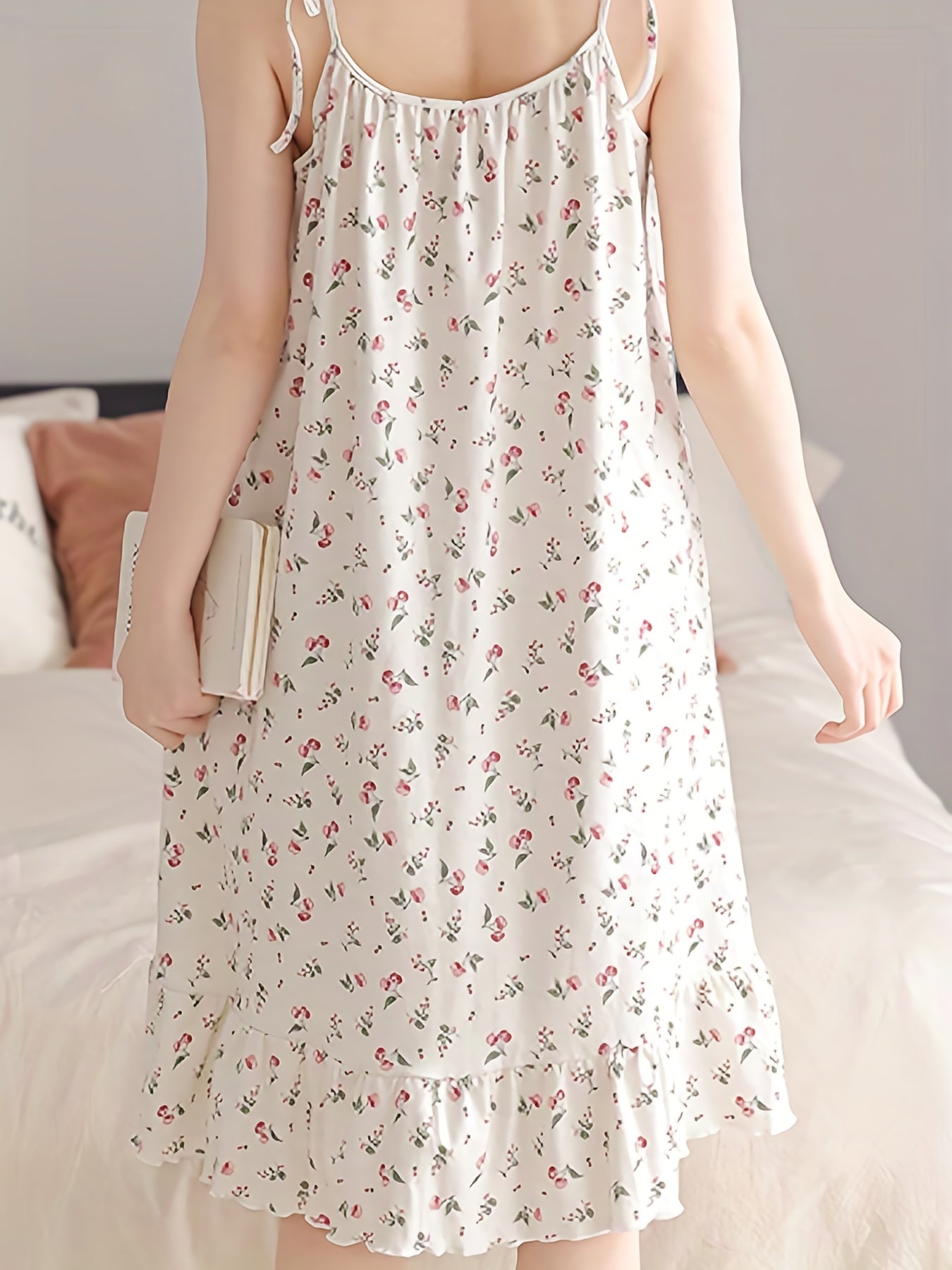 Romantic Floral Print Nightdress - Soft & Sweet Lace-Up Ruffle Slip Dress for Women - Comfortable Sleepwear, Nighttime Elegance.