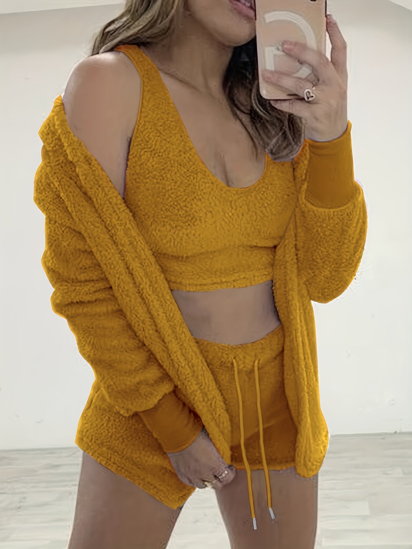 Cozy Fuzzy Lounge Set - Soft Long Sleeve Hooded Robe, Comfortable Tank Top, and Elastic Waistband Shorts for Women's Relaxation - Perfect for Loungewear and Sleepwear.