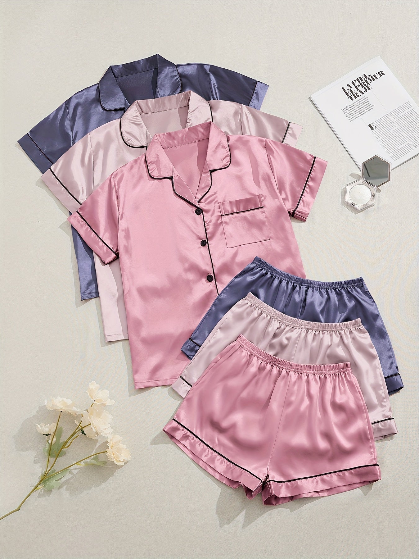 HRZN 3 Sets Satin Pajama Set, Short Sleeve Lapel Top & Elastic Waistband Shorts.