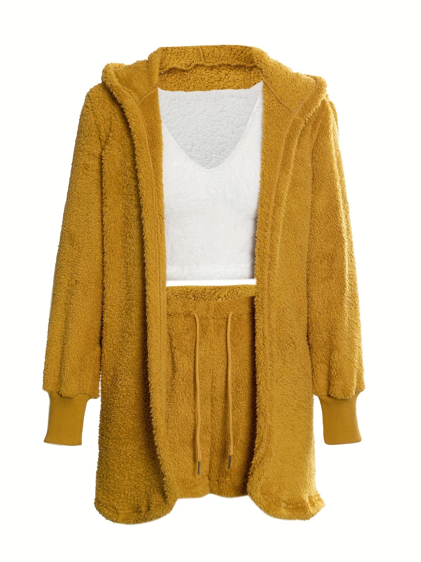 Warm Fuzzy Pajama Set, Long Sleeve Hooded Robe & Tank Top & Drawstring Shorts, Women's Sleepwear & Loungewear.