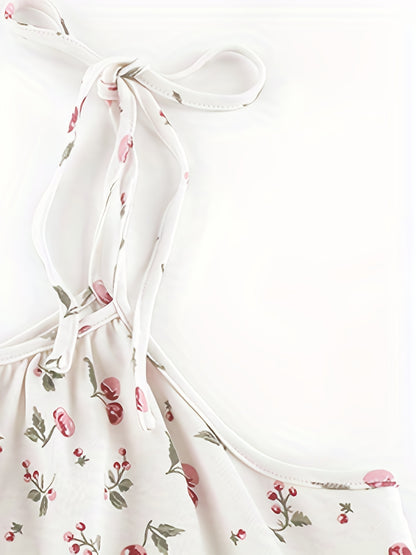 Romantic Floral Print Nightdress - Soft & Sweet Lace-Up Ruffle Slip Dress for Women - Comfortable Sleepwear, Nighttime Elegance.