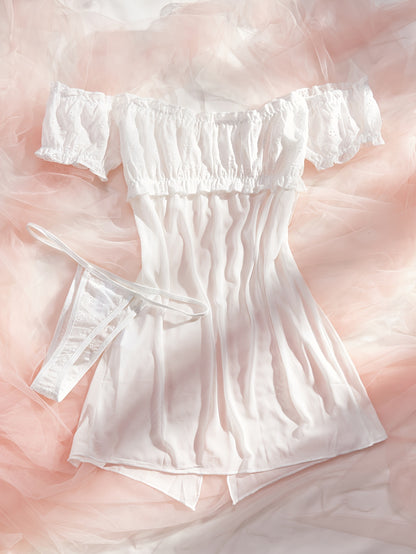 Mid Rise Semi-Sheer Mesh Lingerie Set with Floral Lace Ruffle - Elegant Sleepwear for Women with High Elasticity, Polyester and Elastane Fabric, Enhancing Confidence and Seduction.