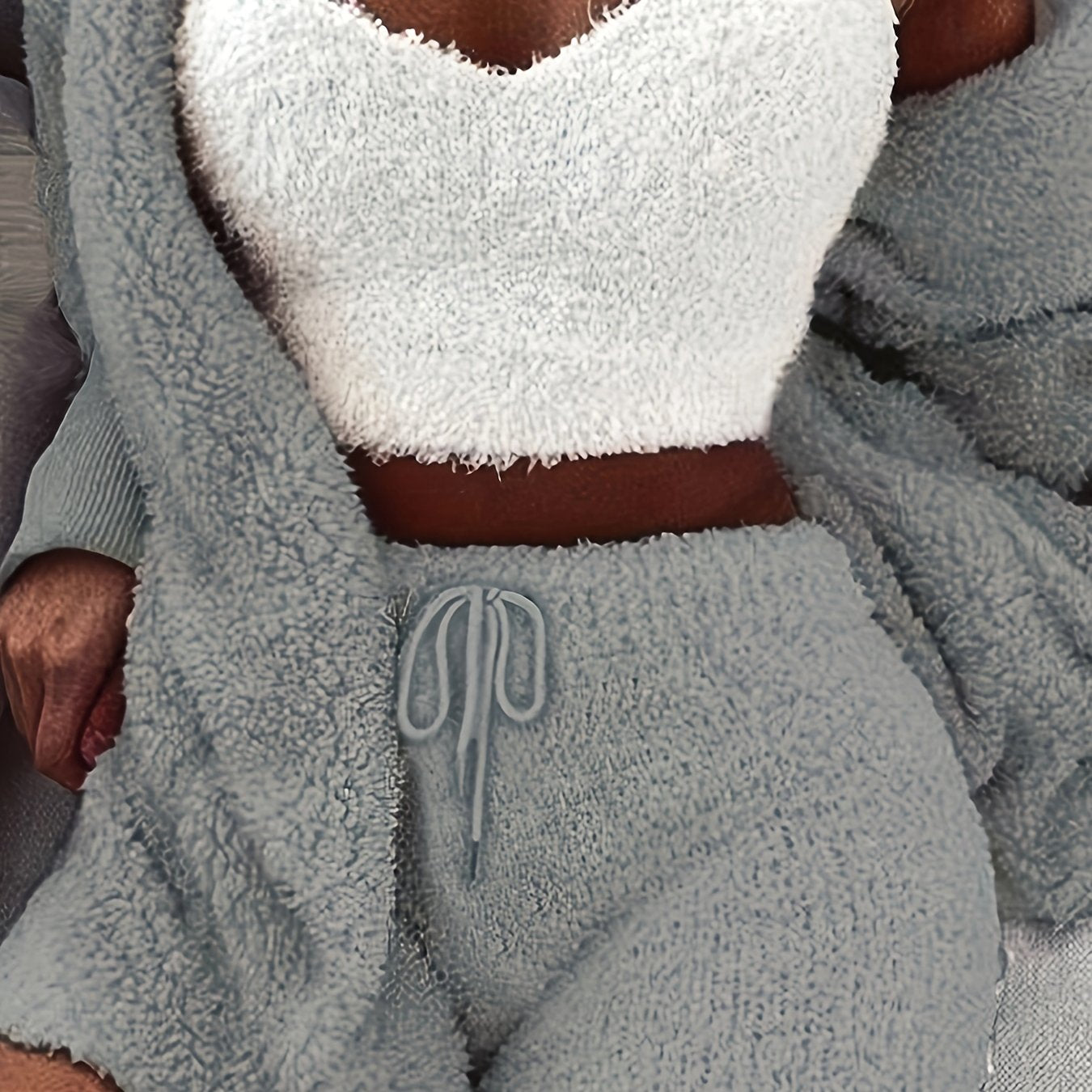 Warm Fuzzy Pajama Set, Long Sleeve Hooded Robe & Tank Top & Drawstring Shorts, Women's Sleepwear & Loungewear.