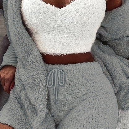 Warm Fuzzy Pajama Set, Long Sleeve Hooded Robe & Tank Top & Drawstring Shorts, Women's Sleepwear & Loungewear.