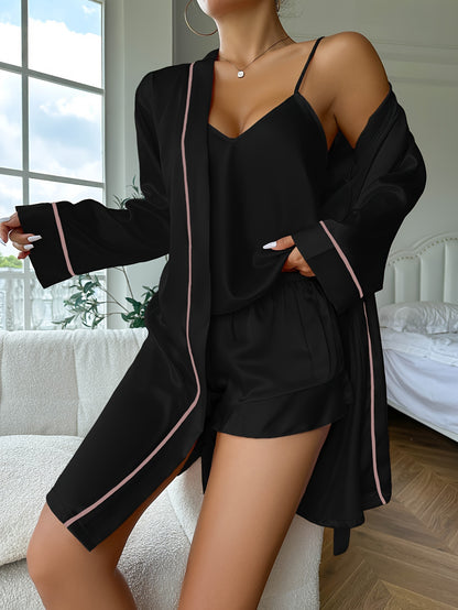 Luxurious Satin Pajama Set - Cozy Long Sleeve Robe with Belt, V-Neck Cami Top & Shorts - Womens Effortless Sleepwear and Lounging Elegance.