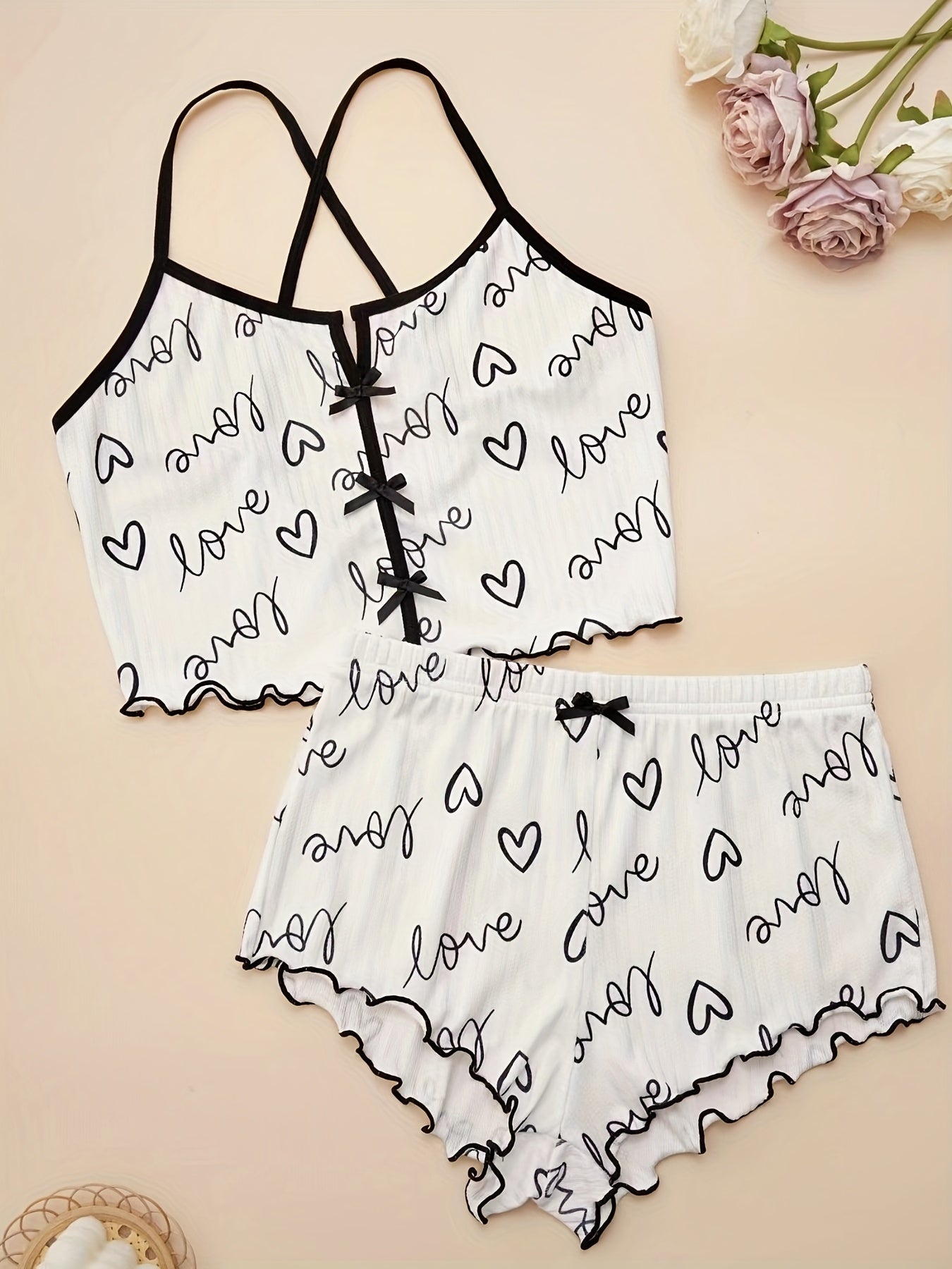 Women's Heart Print Pajama Set with Criss Cross Back Cami Top and Lettuce Trim Shorts - Comfortable Sleepwear and Loungewear.