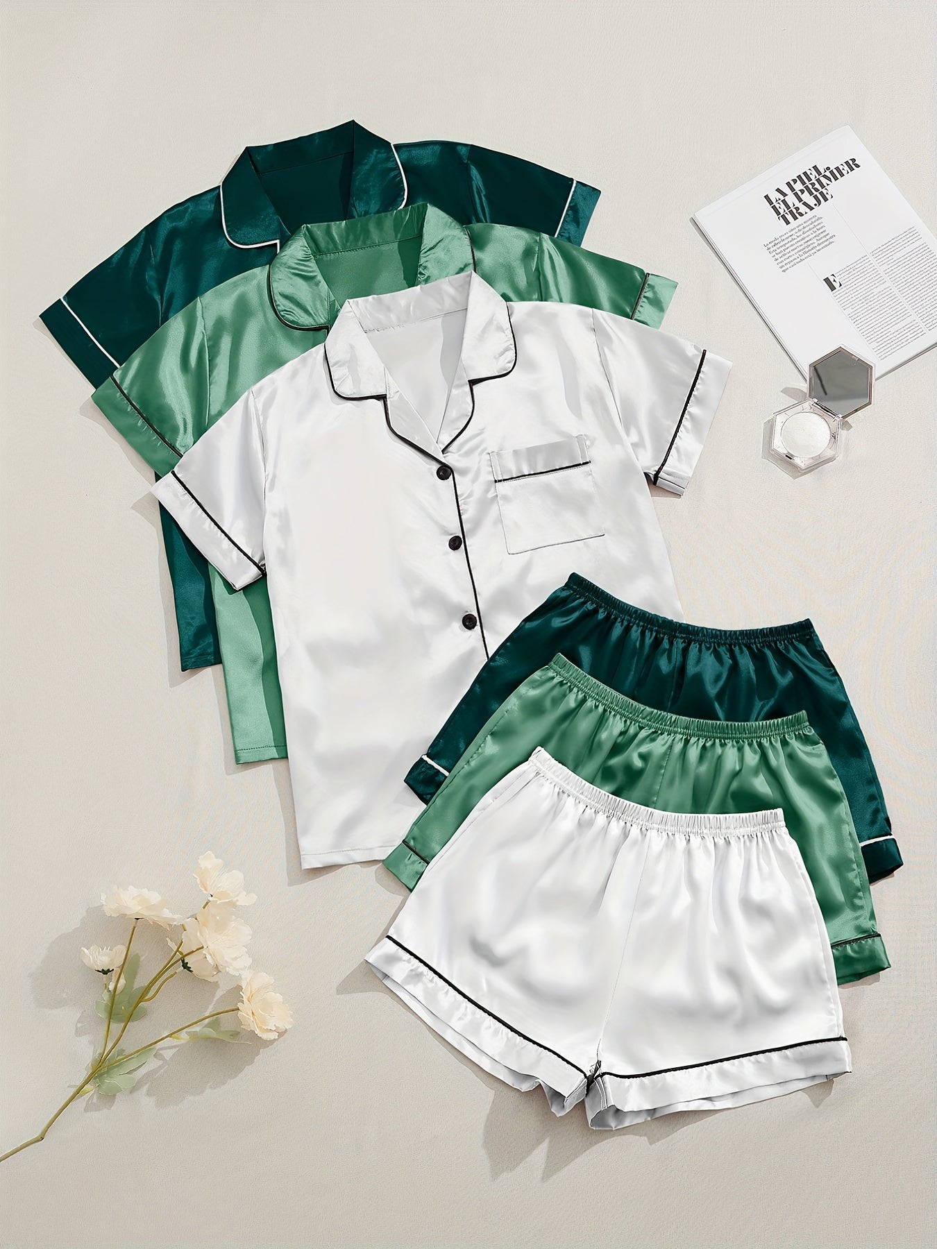 HRZN 3 Sets Satin Pajama Set, Short Sleeve Lapel Top & Elastic Waistband Shorts.