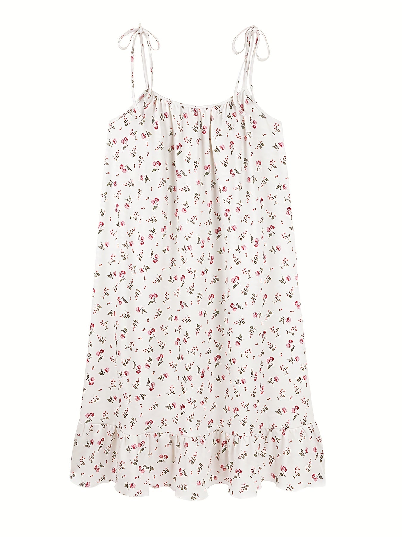 Romantic Floral Print Nightdress - Soft & Sweet Lace-Up Ruffle Slip Dress for Women - Comfortable Sleepwear, Nighttime Elegance.