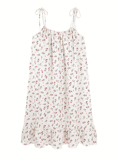 Romantic Floral Print Nightdress - Soft & Sweet Lace-Up Ruffle Slip Dress for Women - Comfortable Sleepwear, Nighttime Elegance.