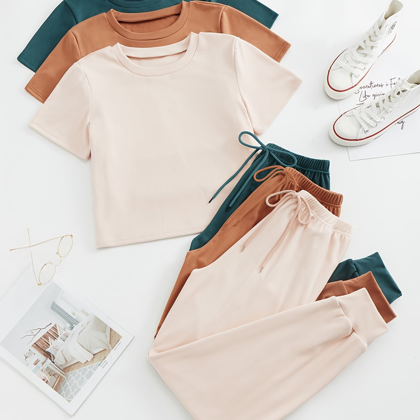 3 Sets Simple Solid Lounge Set, Crew Neck Short Sleeve Top & Lace Up Pants, Women's Loungewear & Sleepwear.