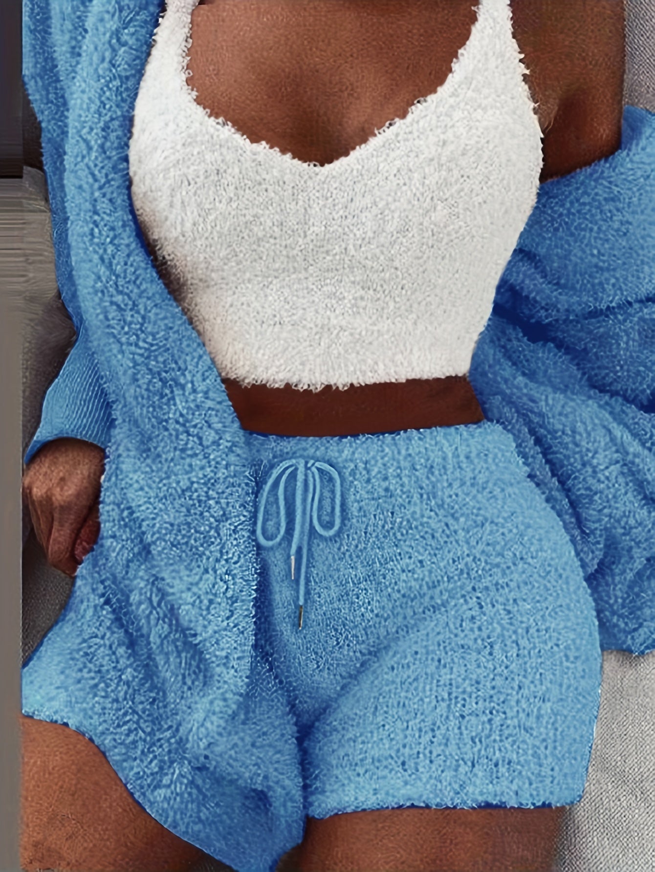 Warm Fuzzy Pajama Set, Long Sleeve Hooded Robe & Tank Top & Drawstring Shorts, Women's Sleepwear & Loungewear.