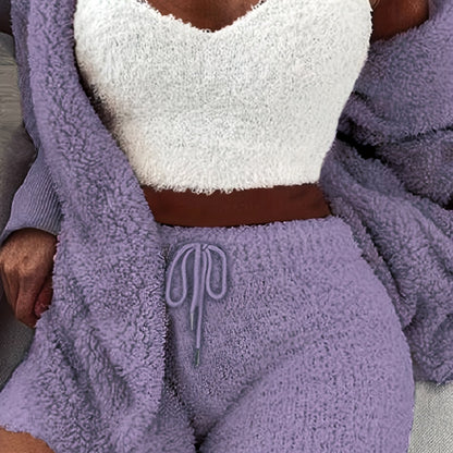 Warm Fuzzy Pajama Set, Long Sleeve Hooded Robe & Tank Top & Drawstring Shorts, Women's Sleepwear & Loungewear.