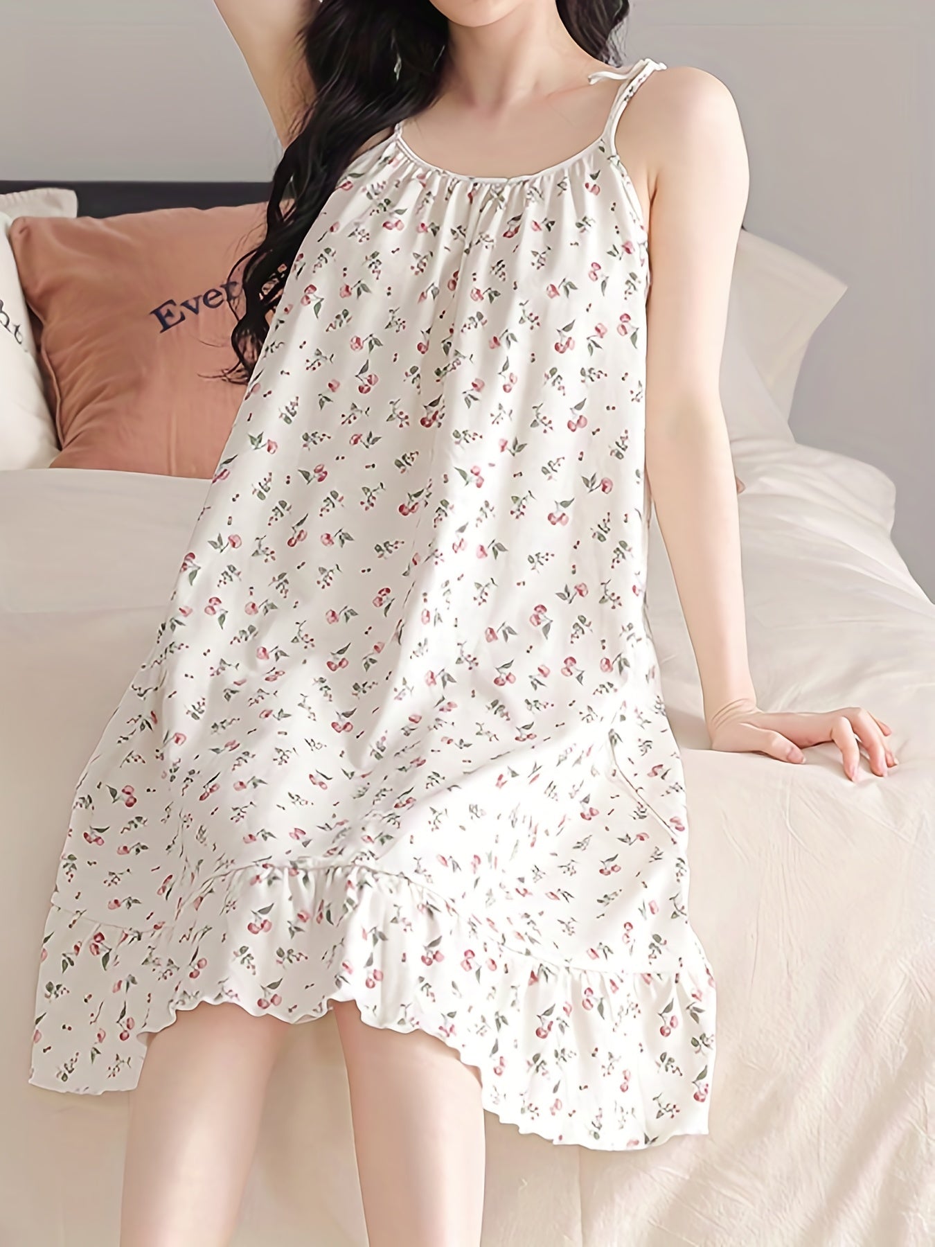 Romantic Floral Print Nightdress - Soft & Sweet Lace-Up Ruffle Slip Dress for Women - Comfortable Sleepwear, Nighttime Elegance.