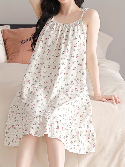 Romantic Floral Print Nightdress - Soft & Sweet Lace-Up Ruffle Slip Dress for Women - Comfortable Sleepwear, Nighttime Elegance.