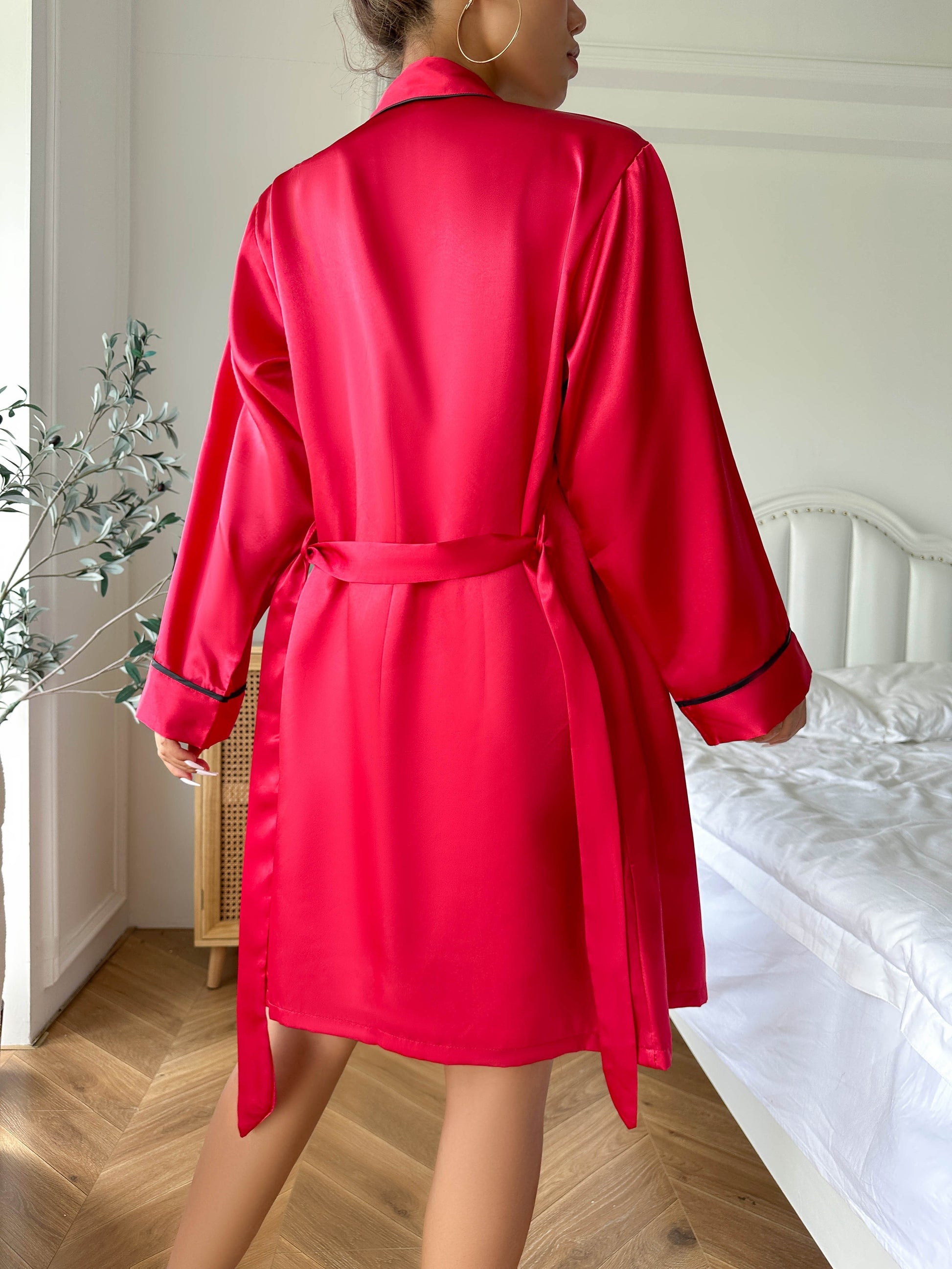 Luxurious Satin Pajama Set - Cozy Long Sleeve Robe with Belt, V-Neck Cami Top & Shorts - Womens Effortless Sleepwear and Lounging Elegance.
