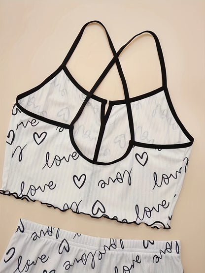 Women's Heart Print Pajama Set with Criss Cross Back Cami Top and Lettuce Trim Shorts - Comfortable Sleepwear and Loungewear.