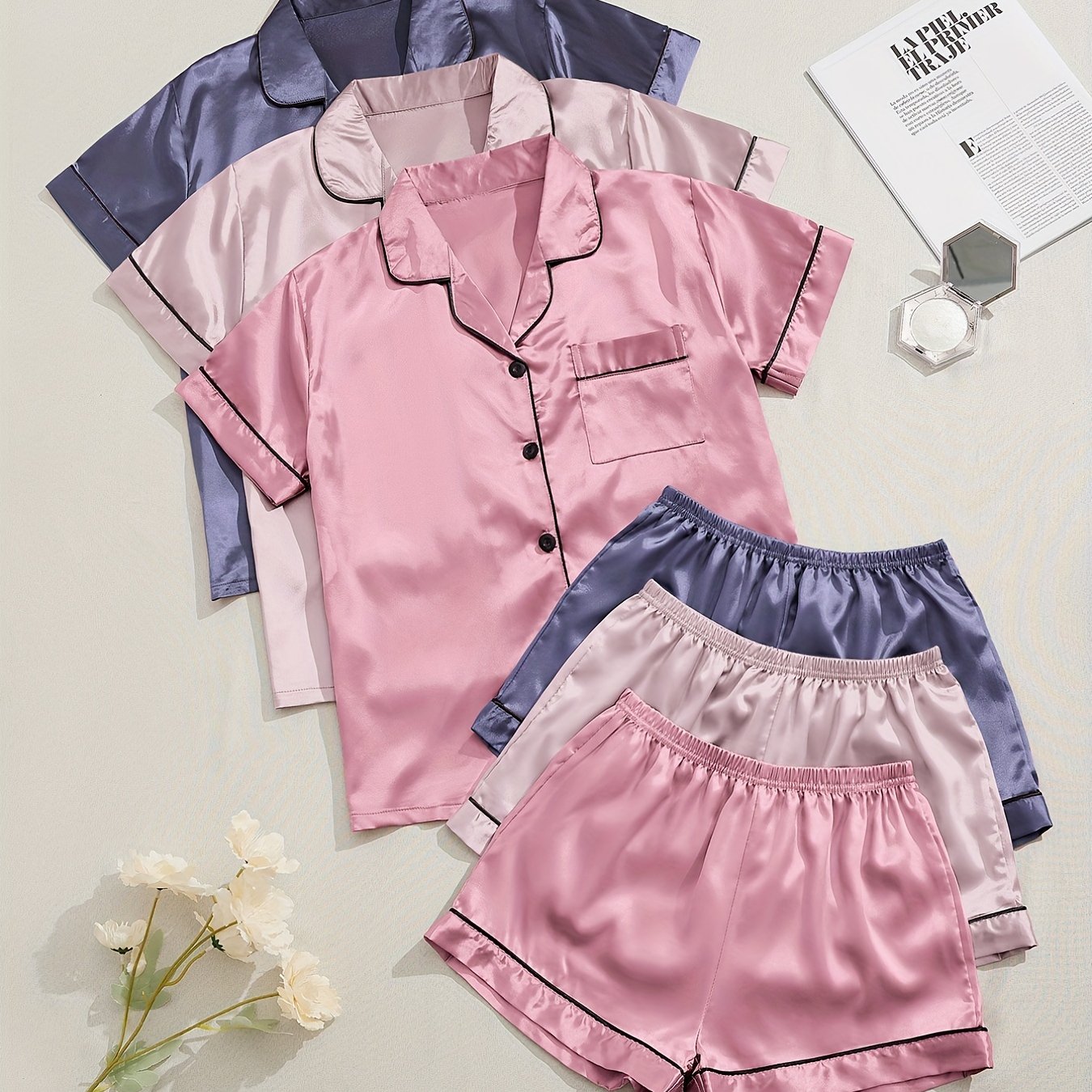 HRZN 3 Sets Satin Pajama Set, Short Sleeve Lapel Top & Elastic Waistband Shorts.