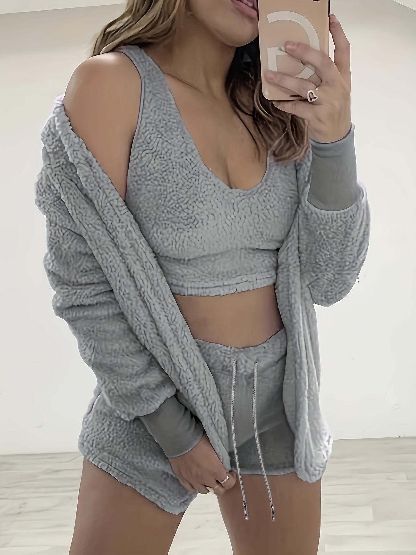 Cozy Fuzzy Lounge Set - Soft Long Sleeve Hooded Robe, Comfortable Tank Top, and Elastic Waistband Shorts for Women's Relaxation - Perfect for Loungewear and Sleepwear.