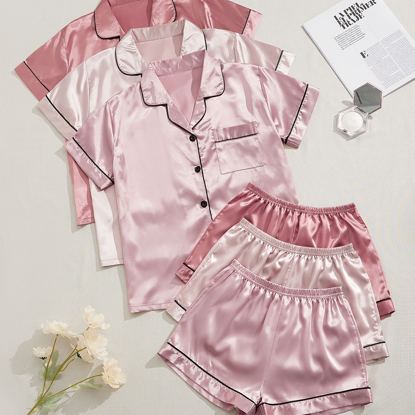 HRZN 3 Sets Satin Pajama Set, Short Sleeve Lapel Top & Elastic Waistband Shorts.