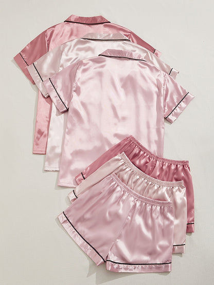 HRZN 3 Sets Satin Pajama Set, Short Sleeve Lapel Top & Elastic Waistband Shorts.