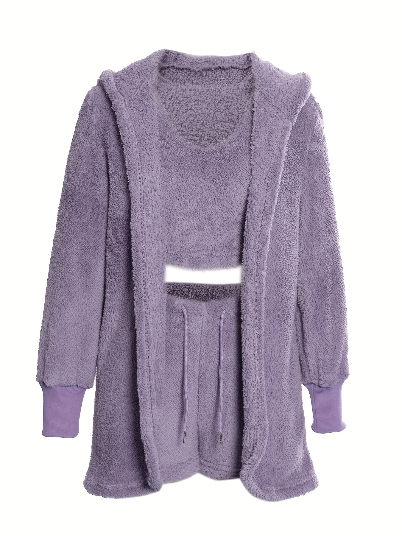 Cozy Fuzzy Lounge Set - Soft Long Sleeve Hooded Robe, Comfortable Tank Top, and Elastic Waistband Shorts for Women's Relaxation - Perfect for Loungewear and Sleepwear.
