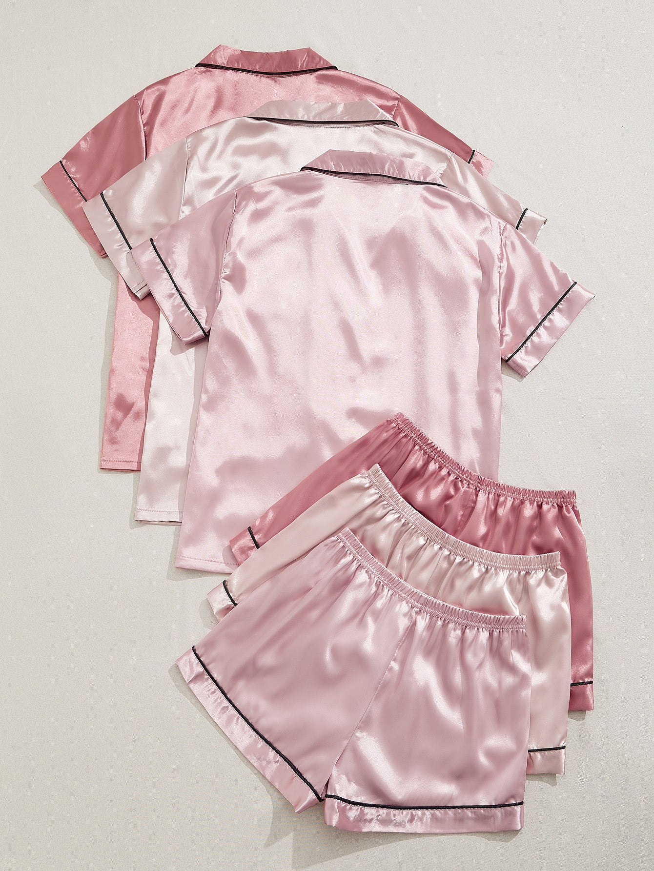 HRZN 3 Sets Satin Pajama Set, Short Sleeve Lapel Top & Elastic Waistband Shorts.