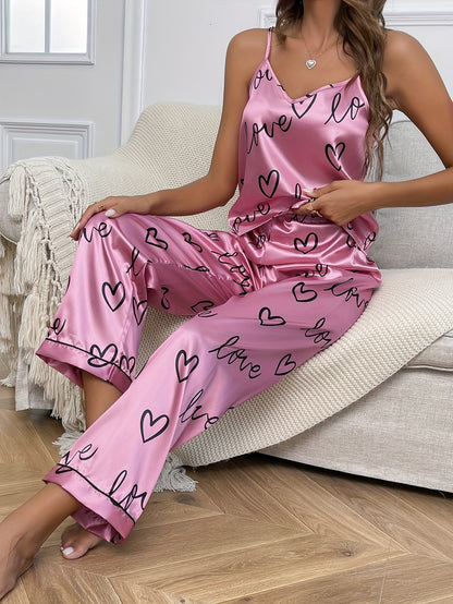 Cozy Letter Print Pajama Set - Soft V Neck Cami Top, Elastic Waistband Pants, Comfortable Women's Sleepwear & Loungewear for Relaxation.
