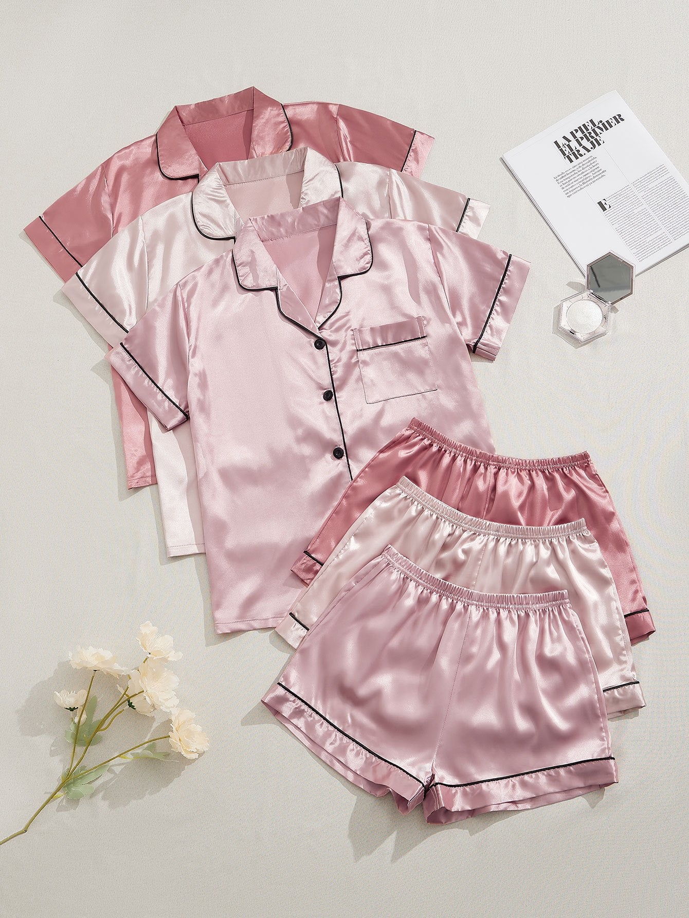 HRZN 3 Sets Satin Pajama Set, Short Sleeve Lapel Top & Elastic Waistband Shorts.