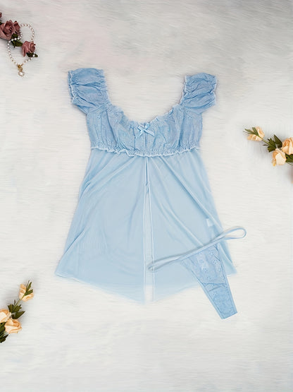 Mid Rise Semi-Sheer Mesh Lingerie Set with Floral Lace Ruffle - Elegant Sleepwear for Women with High Elasticity, Polyester and Elastane Fabric, Enhancing Confidence and Seduction.