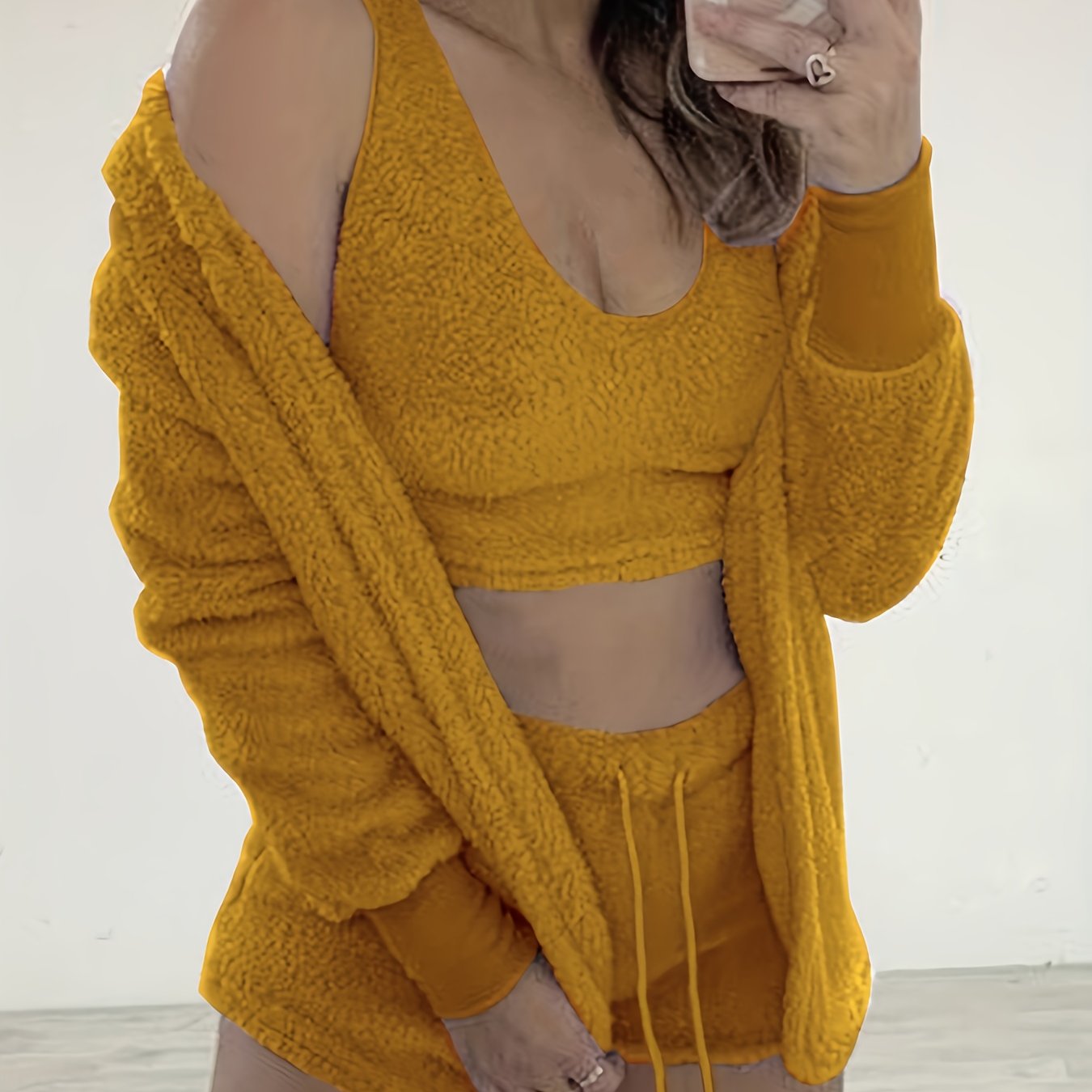 Cozy Fuzzy Lounge Set - Soft Long Sleeve Hooded Robe, Comfortable Tank Top, and Elastic Waistband Shorts for Women's Relaxation - Perfect for Loungewear and Sleepwear.