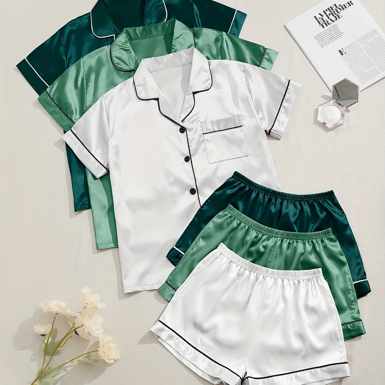 HRZN 3 Sets Satin Pajama Set, Short Sleeve Lapel Top & Elastic Waistband Shorts.