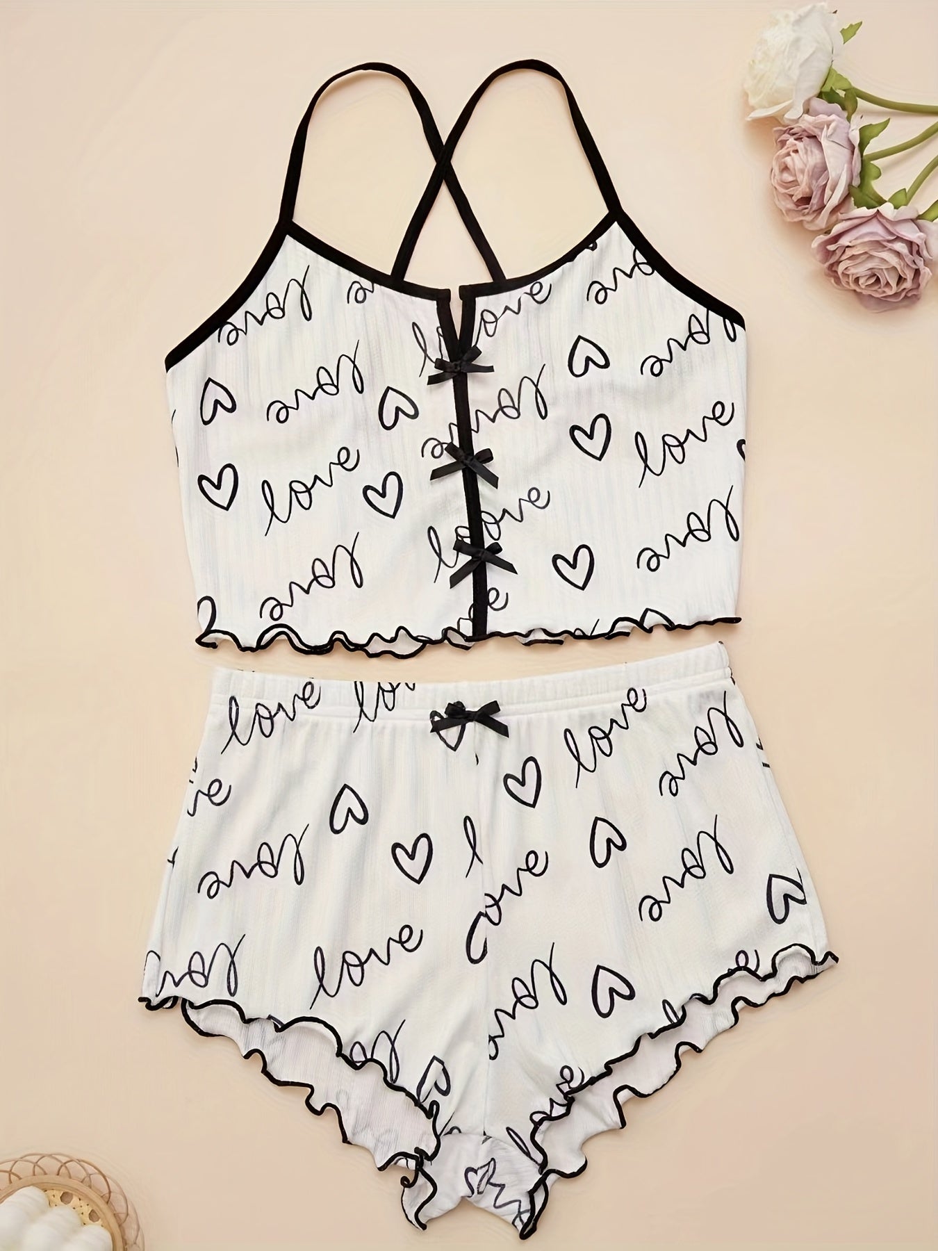 Women's Heart Print Pajama Set with Criss Cross Back Cami Top and Lettuce Trim Shorts - Comfortable Sleepwear and Loungewear.