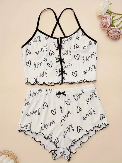 Women's Heart Print Pajama Set with Criss Cross Back Cami Top and Lettuce Trim Shorts - Comfortable Sleepwear and Loungewear.